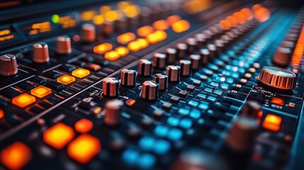Close-up of an Audio Mixing Console with Illuminated Buttons and Knobs