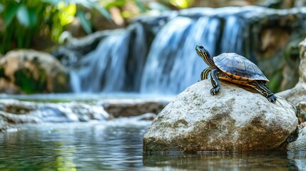 Obraz premium A Red-Eared Slider Turtle Resting on a Stone in a Beautiful Pond with a Serene Waterfall in the Background