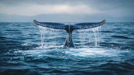 Fototapeta premium Majestic Humpback Whale Tail Rising Out of the Deep Blue Ocean Waters With a Spectacular Splash