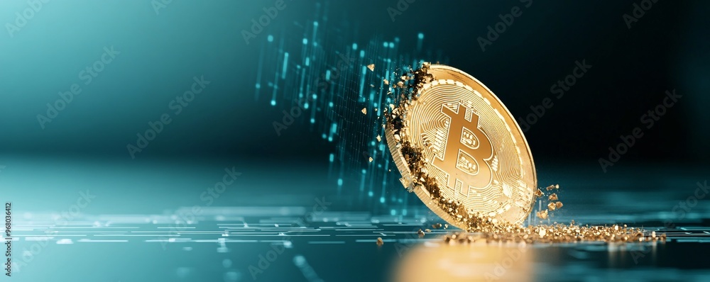 Poster cryptocurrency security threat - symbolic image of crumbling digital coin and hackers shadow highlig