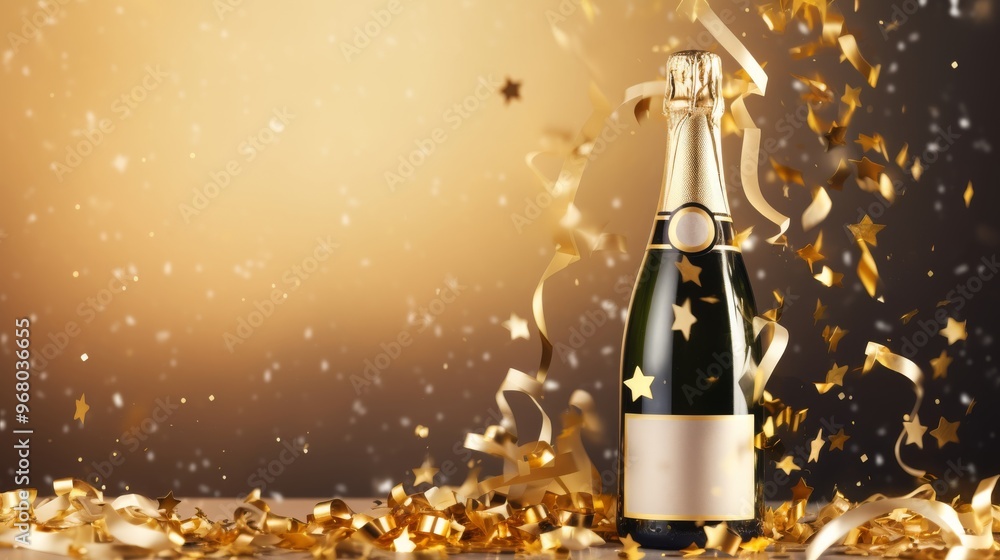 Wall mural champagne bottle with confetti stars and party streamers on a gold festive background – ideal for ch