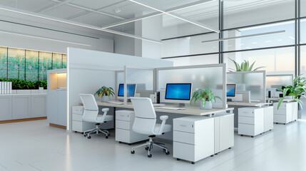 Modernist minimalist office setup with multiple workstations. Features include smart media, semi-private glass partitions, and adjustable materials and components. Office chairs for sitting a
