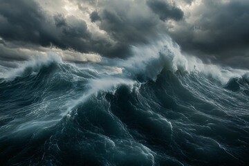 Dramatic Stormy Ocean with Powerful Crashing Waves Under Ominous Sky