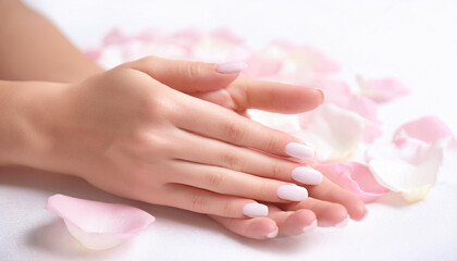 Naklejka premium Beautiful Woman Hands. Female Hands Applying Cream, Lotion. Spa and Manicure concept. Female hands with french manicure. Soft skin, skincare concept. Hand Skin Care