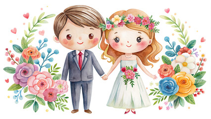 Happy Couple Illustration, Two Men, Girl and Boy Standing on a Summer Valley, Digital Artwork