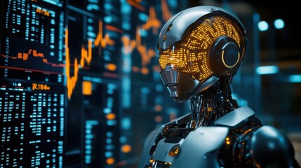 A futuristic robot stands before a wall of data screens in a server room.