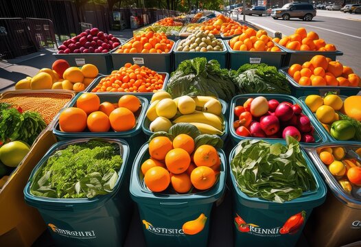 vibrant donation bins overflowing nutritious food staples featuring colorful canned goods community support, fruits, vegetables, grains, nutrition, healthy