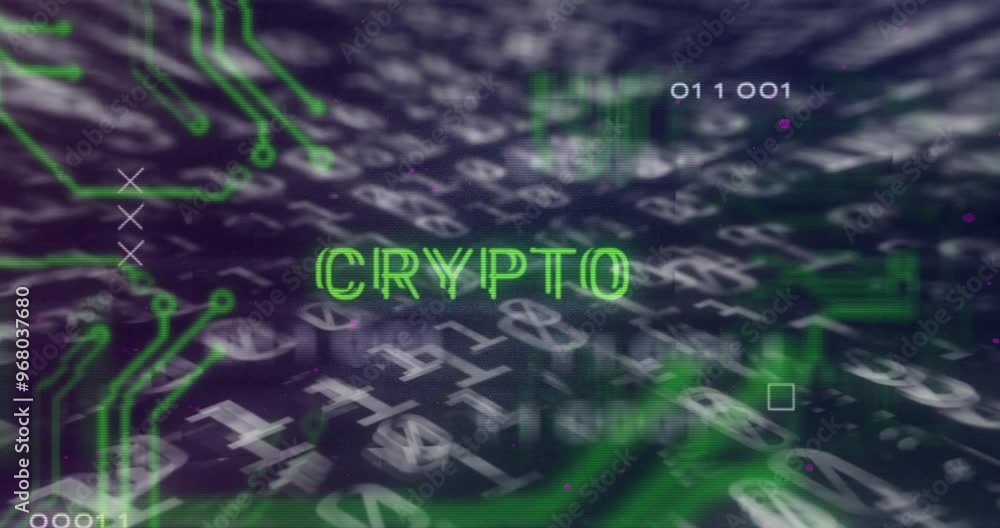Poster animation of crypto text and digital data processing over computer circuit board