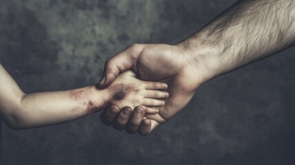 Fototapeta premium A caring father gently holding his injured sons hand, conveying love and support, isolated on a soft gray background