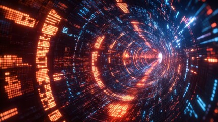 Abstract digital tunnel with glowing code, representing data, technology and future