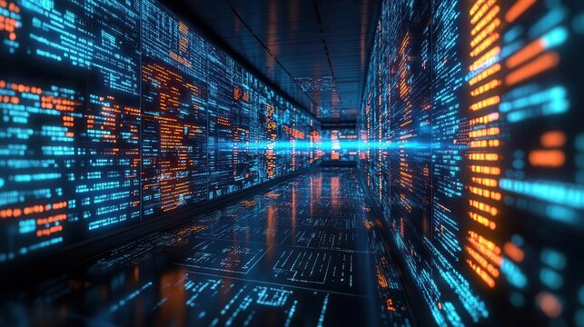 Abstract digital tunnel with glowing code, representing data, technology and future - Powered by Adobe