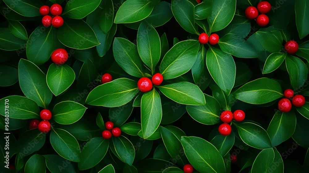 Wall mural Lush Green Leaves with Vibrant Red Berries