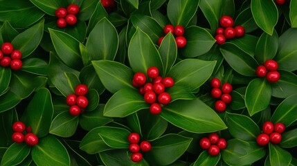 Fototapeta premium Vibrant Red Berries and Green Leaves Background