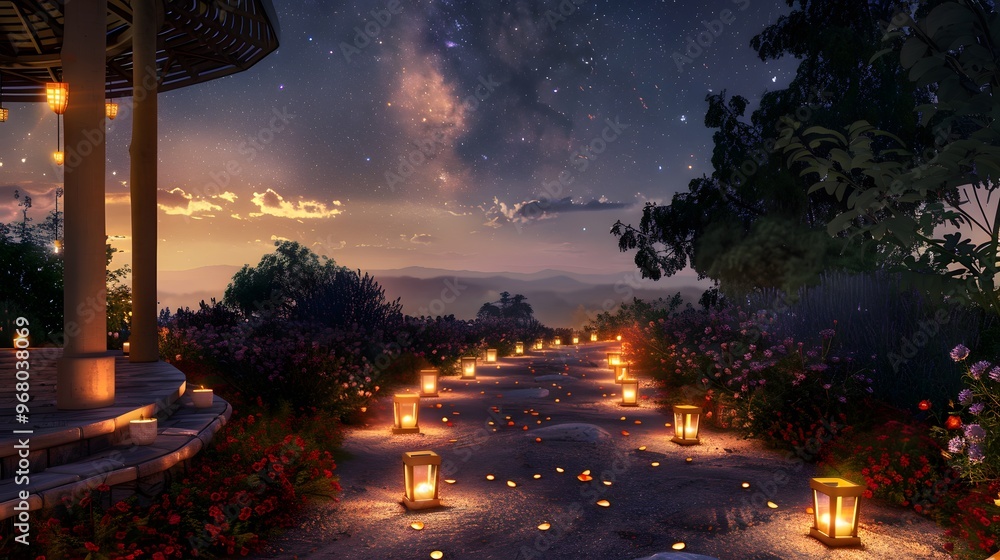 Poster a tranquil evening garden path illuminated by lanterns under a starry sky, creating a serene and mag