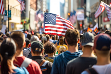 A crowd of people holding American flags and a man holding a sign.