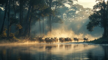Herd of Deer Crossing a Misty Forest River at Dawn