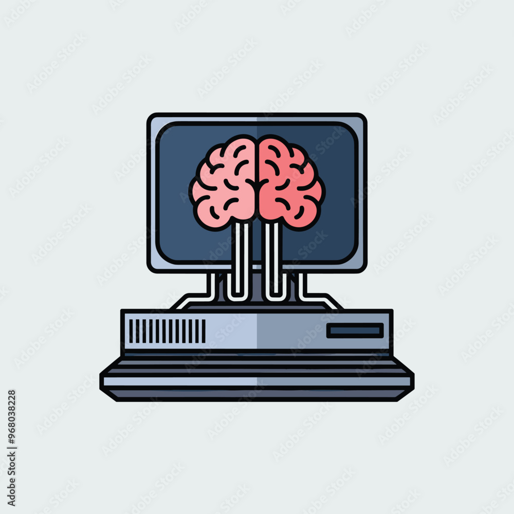 Poster an artistic illustration of a computer with a brain on the screen, symbolizing artificial intelligen