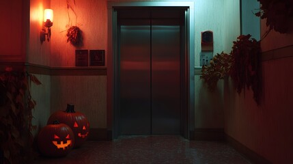 Spooky,Eerie Abandoned Hospital Elevator at Nightfall with Haunting,Moody Atmosphere. Dark,Gloomy Hallway with Vintage,Retro Gothic Decor and Ominous Lighting.