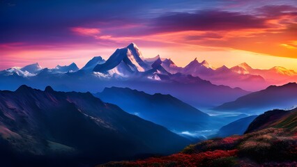 Majestic mountain landscape at sunset with vibrant skies and stunning natural beauty AI generative.