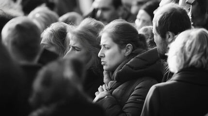 Fototapeta premium A Captivating Black And White Image Of A Pensive Woman Lost In Thought Amidst A Vibrant Crowd At A Public Event Gathering