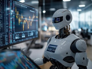 A humanoid robot analyzes financial data on a computer screen.