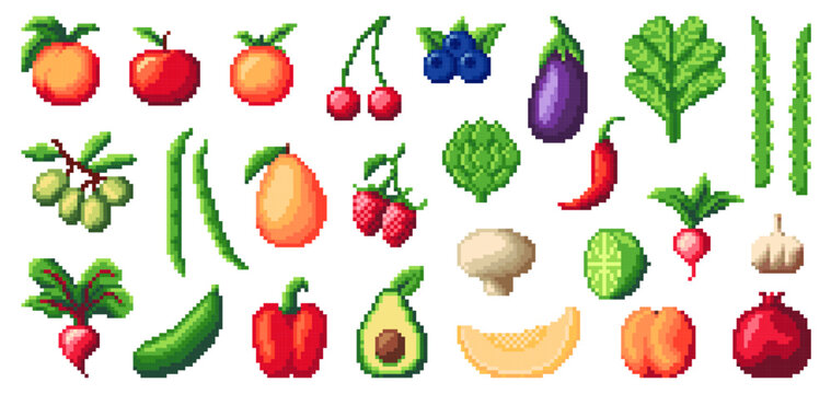 8bit pixel art vegetables and fruits, game asset. Apple, cherries, eggplants, spinach and blueberries, asparagus, grapes or green beans. Mango, strawberries, artichoke and red chili or bell peppers