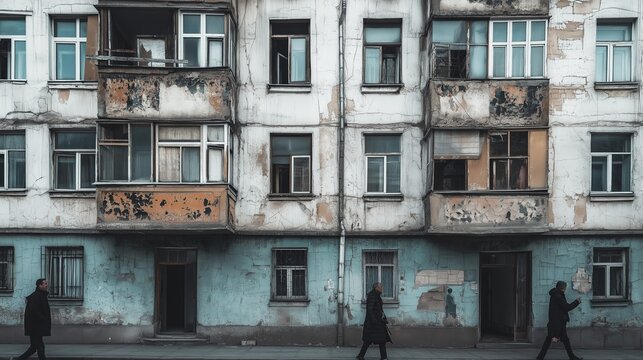 Soviet-era apartment building showcasing peeling paint, boarded-up windows, and a sense of history from a bygone era