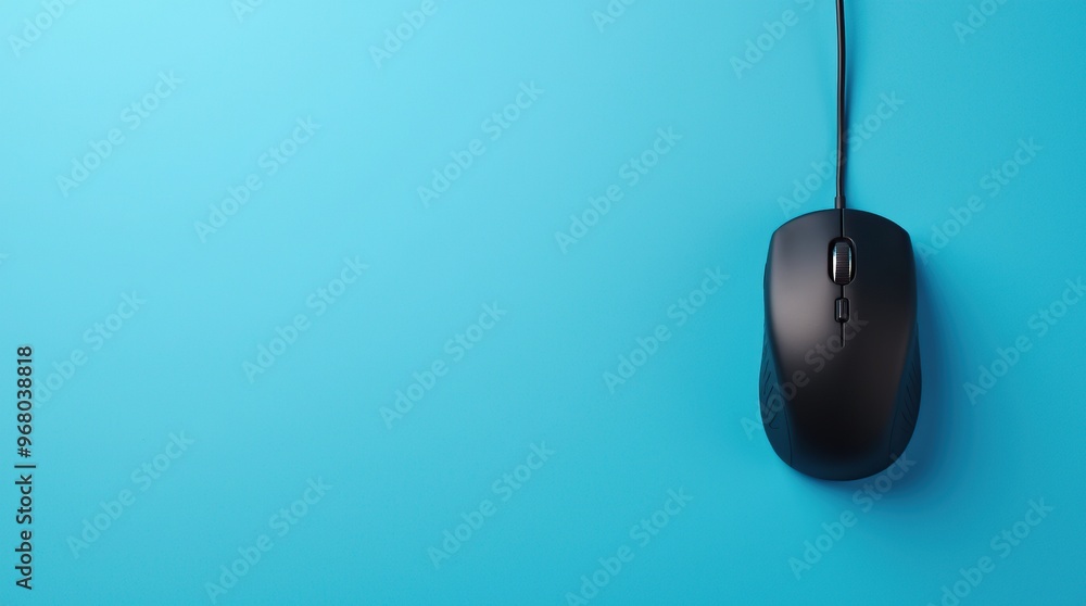 Fototapete top view of black wired mouse on blue background with text space