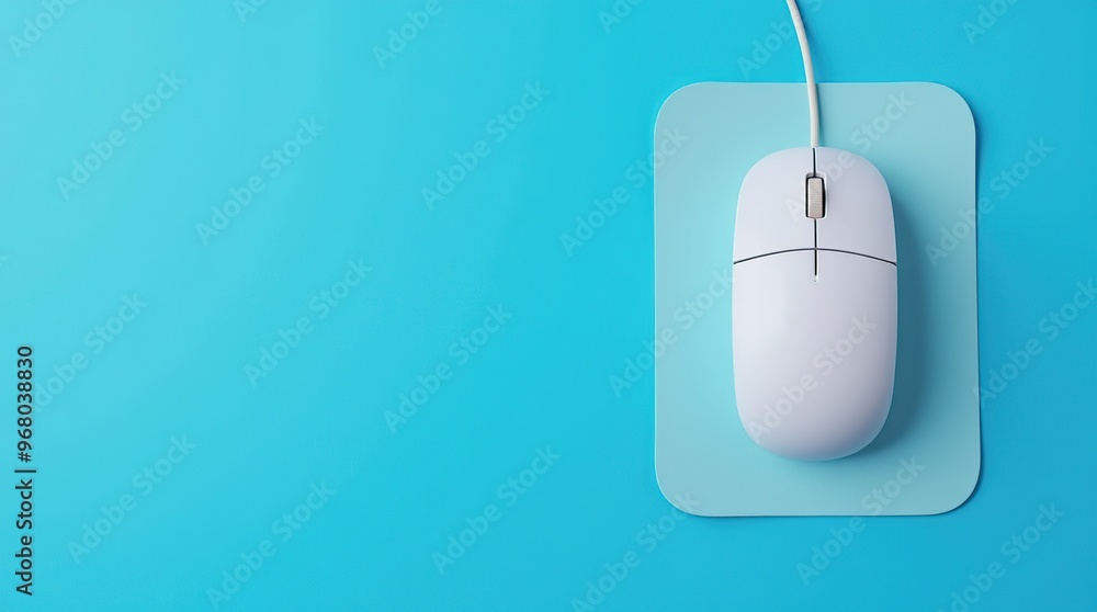 Poster top view of wired mouse on mousepad with blue background