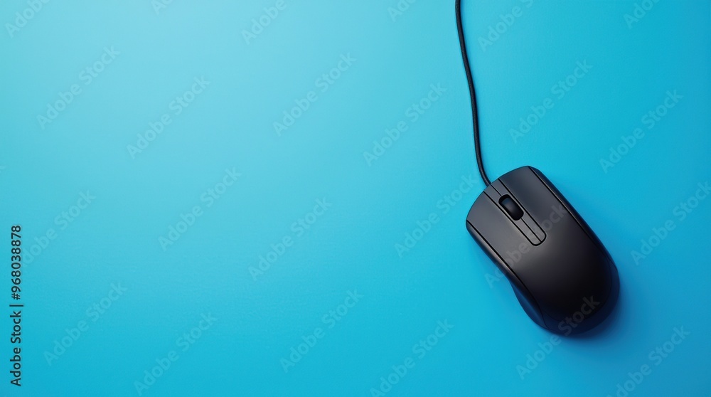 Poster top view of wired mouse on blue background with text space