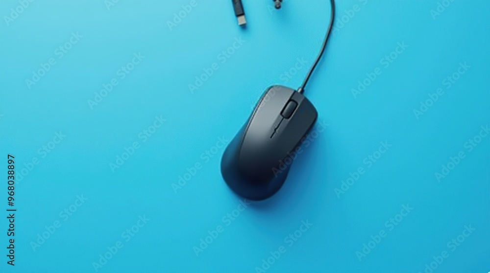 Aufkleber top view of wired mouse on blue background with space for text