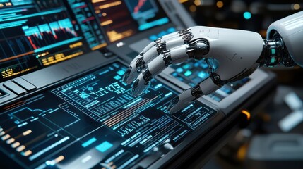 Fototapeta premium Robotic hand interacting with a futuristic control panel.