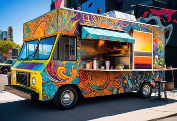 Obraz premium vibrant food truck displaying colorful street art mural eye catching designs bold colors lively urban setting, graffiti, paint, creativity, aesthetic, artistic