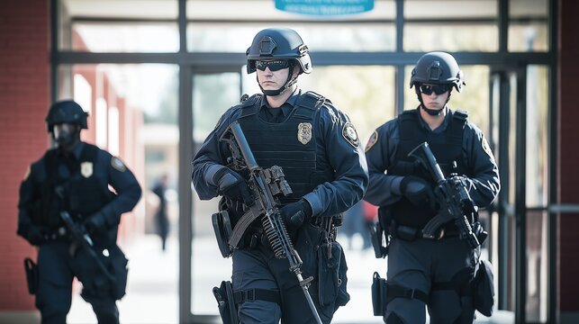 Law enforcement officers in black tactical gear and gas masks during a standoff with armed suspects inside a building