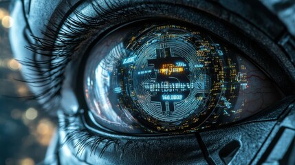 Close-up of a futuristic, robotic eye with digital displays.