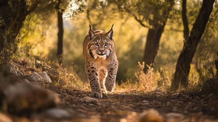 Obraz premium Majestic Lynx Walking Through a Sunlit Forest