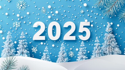 white numbers 2025 on minimalistic blue background with snow and pine trees. happy new year card