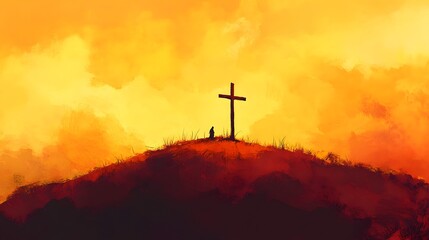 Fototapeta premium A digital painting of an Easter scene with the silhouette of crosses on top of small hills, against a backdrop of golden and pink sky, symbolizing Jesus' triumph over death