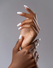 Beautiful Woman Hands. Female black Hands Applying Cream, Lotion. Spa and Manicure concept. Female hands with french manicure. Soft skin, skincare concept. Hand Skin Care