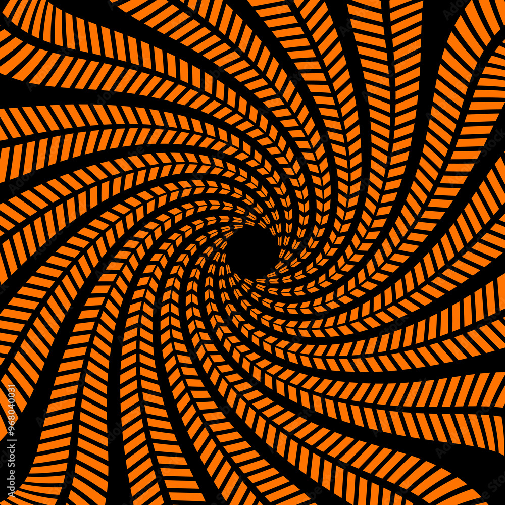 Wall mural psychedelic halloween spiral pattern. vector hypnotic optical illusion background black and orange l