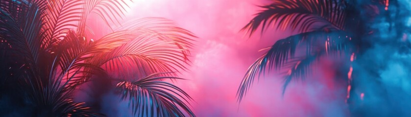 Obraz premium Palm Fronds Silhouetted Against a Pink and Blue Gradient Background