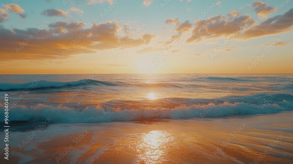 Poster a peaceful horizontal view of a sunset over a calm ocean with colorful skies and gentle waves reflec