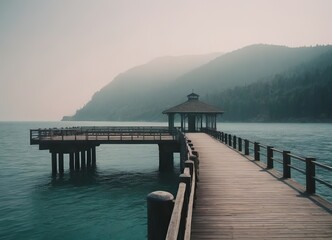 Fototapeta premium A Beautiful Serene Lake View Featuring a Wooden Pier Set Within a Misty Landscape Scene