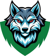 Blue wolf head mascot logo showing sharp teeth and red eyes