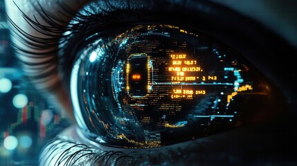 Close up of a futuristic eye with digital display overlay.