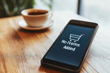 Phone on a wooden table displaying an empty shopping cart with "No Items Added". The image emphasizes digital minimalism, mindful consumption, and awareness against unnecessary spending, suitable for 