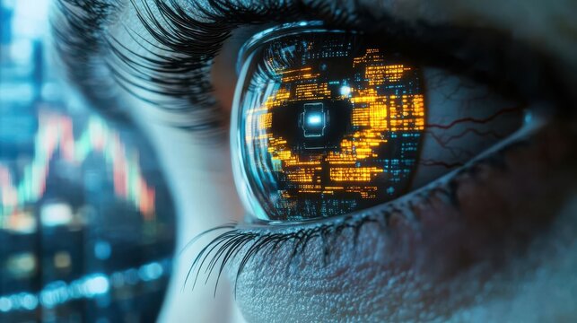 Close-up of a human eye with digital data reflected in the pupil.