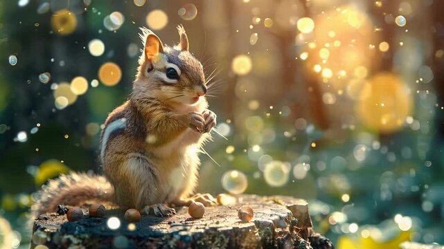 A delightful chipmunk sits on a log amidst a glowing forest, nibbling on nuts as soft sunlight filters through the trees, creating a magical atmosphere.