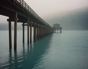 A Beautiful Serene Lake View Featuring a Wooden Pier Set Within a Misty Landscape Scene