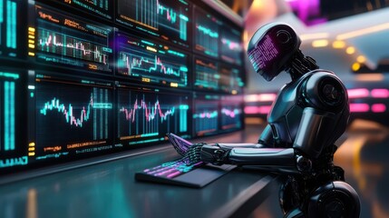 Fototapeta premium Robot with glowing eyes monitors stock market data on multiple screens.